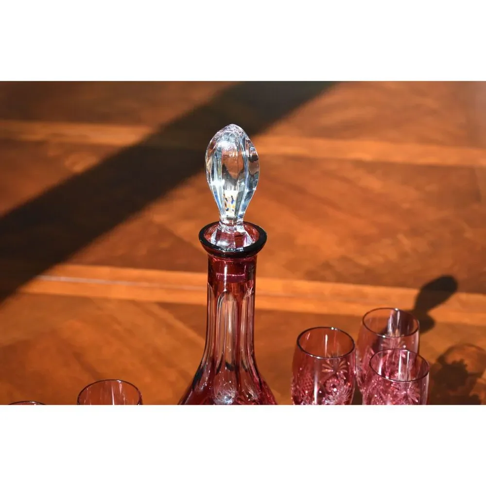 Nachtmann Traube Wine Decanter with Stopper and 6 Cranberry Tall Sherry Glasses